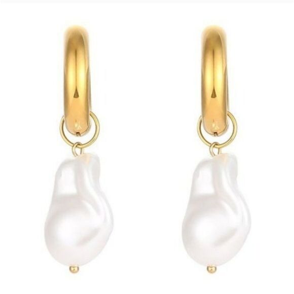 Vintage Pearl Baroque Charm PVD 18K Plated Gold Hoop Earrings Stainless Steel - Picture 4 of 6